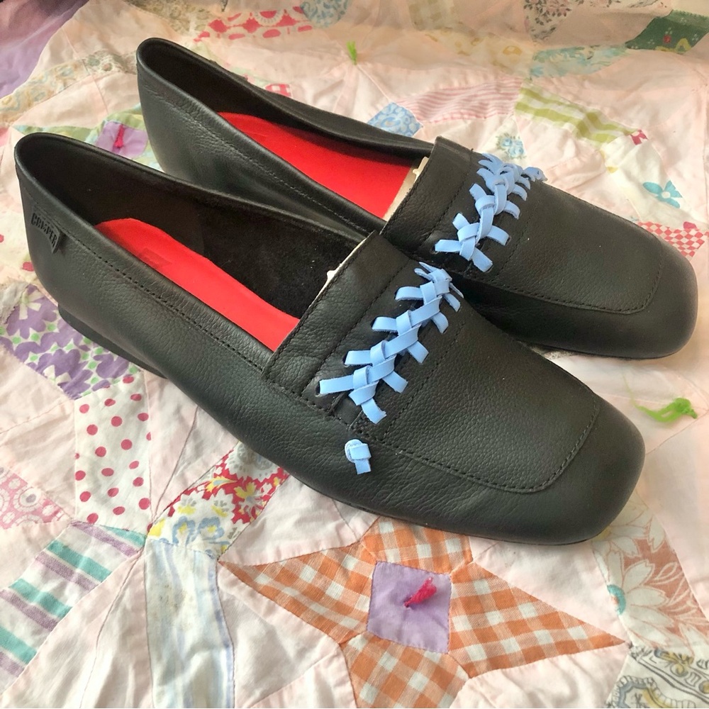 Camper Casi Myra Black Leather Stitched Loafers
